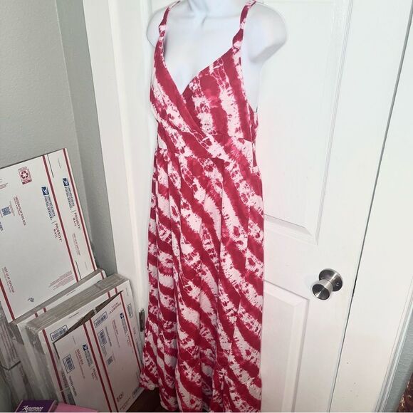 Calypso St. Barth Target Pink Red Tie Dye Cotton Tiered Maxi Dress Faux Wrap 12 - Picture 7 of 12
